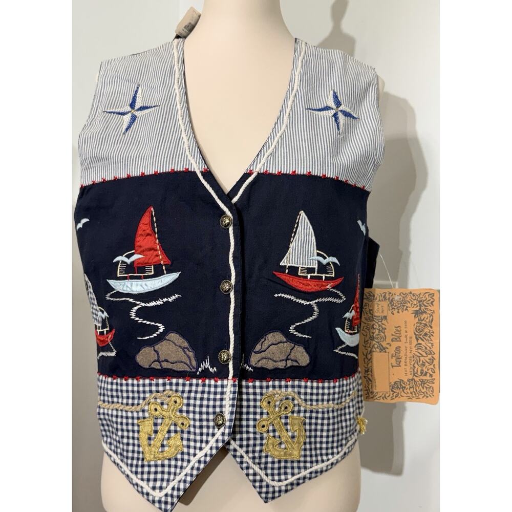NEW Vintage Tantrum Blues Nautical Sailboat Anchor Button Up Vest Large